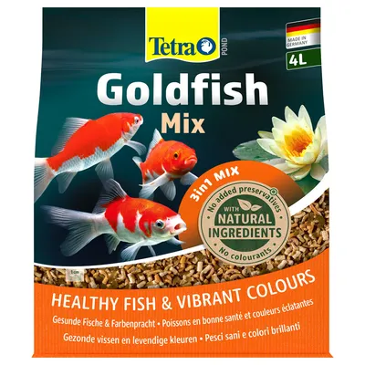 Tetra Pond Goldfish Mix 4L, 3 in 1 mix, with natural ingredients, no added preservatives, no colourants. Healthy fish & vibrant colours. Made in Germany visible on packaging. Tetra Pond Goldfish Mix 4L, 3 in 1 mix, with natural ingredients, no added preservatives, no colourants. Healthy fish & vibrant colours. Made in Germany visible on packaging.