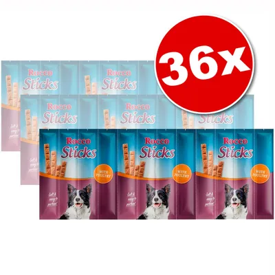 Lot de 36 sachets Rocco Sticks with poultry, emballage bleu et violet avec photo de chien et bâtonnets visibles, texte « Soft & easy to portion » sur le paquet.