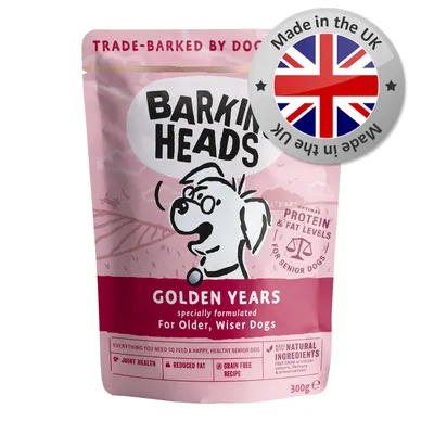Barking Heads Golden Years, specially formulated for older dogs. Features: joint health, reduced fat, grain free recipe, made with natural ingredients. Made in the UK. Barking Heads Golden Years, specially formulated for older dogs. Features: joint health, reduced fat, grain free recipe, made with natural ingredients. Made in the UK.