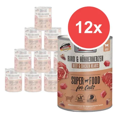 12× MAC's Rind & Hühnerherzen Beef & Chicken Hearts Super Food for Cats, konzervy pro kočky, nápisy: Made in Germany, Grainfree, High Meat Content, Adult