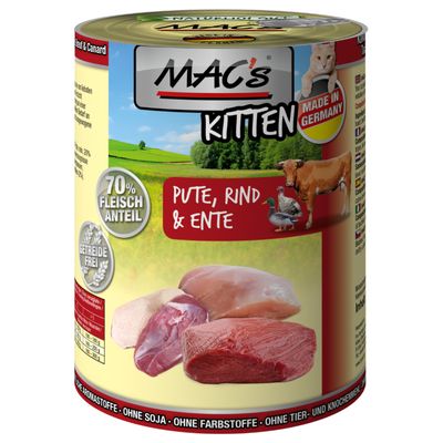 MAC's Kitten, Made in Germany, 70 % Fleischanteil, Getreidefrei, Pute, Rind & Ente. Morceaux de viande visibles sur l’emballage. Texte en allemand et images d’animaux.