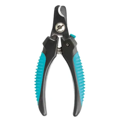 Foarfecă pentru gheare cu mânere ergonomice din plastic albastru și metal, arc central vizibil.