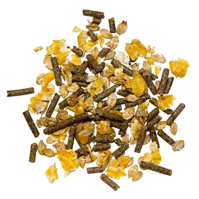 Gemisch aus gelben Flocken, braunen Pellets und Getreidekörnern auf weißem Hintergrund, zeigt die Zusammensetzung des Futters. Gemisch aus gelben Flocken, braunen Pellets und Getreidekörnern auf weißem Hintergrund, zeigt die Zusammensetzung des Futters.