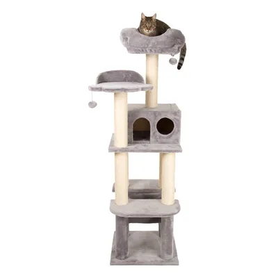 Grauer Kratzbaum mit mehreren Ebenen, Höhle, Liegeflächen und Sisalstämmen. Katze liegt auf der oberen gepolsterten Plattform.