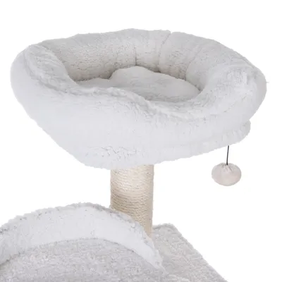 Cat tree with white plush bed, sisal post and hanging play ball.