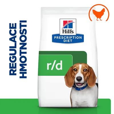 Hill's Prescription Diet r/d, nápis REGULACE HMOTNOSTI, silueta kuřete v oranžovém kruhu na obalu krmiva pro psy.