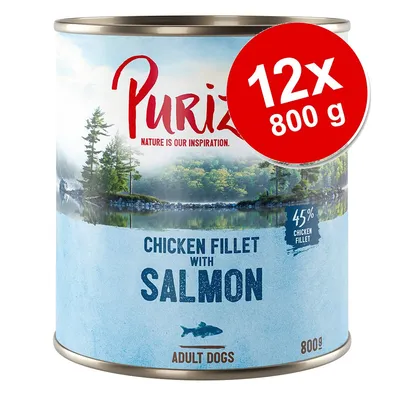 Purizon Chicken Fillet with Salmon, 45 % chicken fillet, 12 x 800 g, Adult Dogs. Tekst: Nature is our inspiration.