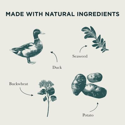 Made with natural ingredients: duck, algae, buckwheat, potato.