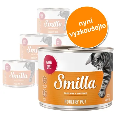Konzerva Smilla Poultry Pot 200 g, nápis WITH BEEF, obsahuje taurin, bez obilovin, oranžová značka nyní vyzkoušejte, obrázek kočky na obalu.