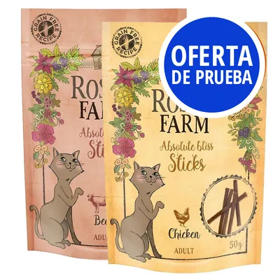 Rosewood Farm Absolute bliss Sticks para gatos adultos, variedad Chicken 50 g y otra variedad. Sello 'Grain Free Recipe'. Etiqueta azul: OFERTA DE PRUEBA.