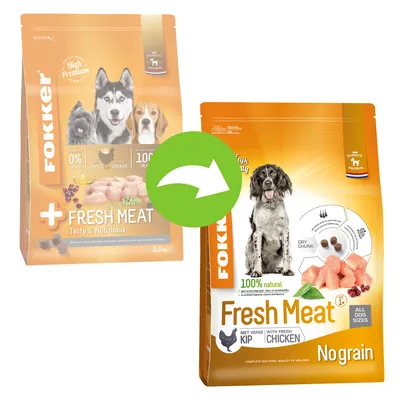 Fokker Fresh Meat Hundefutter, 100% natürlich, mit frischem Hühnchen, ohne Getreide. Geeignet für alle Hundegrössen ab 1 Jahr. Verpackungswechsel dargestellt. Fokker Fresh Meat Hundefutter, 100% natürlich, mit frischem Hühnchen, ohne Getreide. Geeignet für alle Hundegrössen ab 1 Jahr. Verpackungswechsel dargestellt.