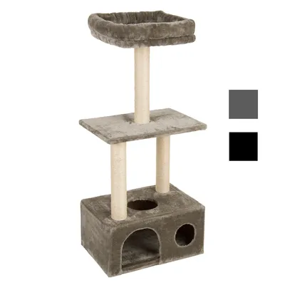 Arbre à chat en tissu gris avec deux plateformes, poteaux en sisal et base cubique comportant deux ouvertures rondes. Deux options de couleur visibles : gris et noir.