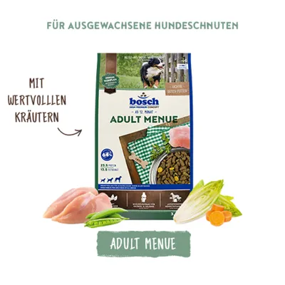 bosch Adult Menu Hundefutter für ausgewachsene Hunde, mit wertvollen Kräutern, Protein 23,5%, Fett 13,5%, Zutaten wie Huhn, Erbsen, Chicorée und Karotten abgebildet. bosch Adult Menu Hundefutter für ausgewachsene Hunde, mit wertvollen Kräutern, Protein 23,5%, Fett 13,5%, Zutaten wie Huhn, Erbsen, Chicorée und Karotten abgebildet.