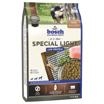 bosch Special Light hondenvoer, Low Protein, ab 12. Monat, 13% eiwit, 10% vet, zonder tarwe, 2,5 kg zak, afbeelding brokken en vlees, merknaam en productinformatie zichtbaar.