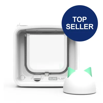 SureFlap Mikrochip-Katzenklappe mit weißem Design und grünem Zubehör. Blauer Kreis mit Text 'Top Seller'. SureFlap Mikrochip-Katzenklappe mit weißem Design und grünem Zubehör. Blauer Kreis mit Text 'Top Seller'.