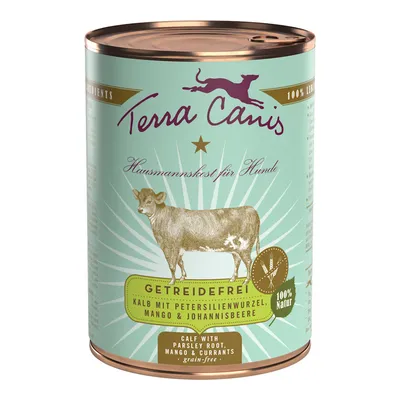 Terra Canis Hausmannskost für Hunde, getreidefrei. Kalb mit Petersilienwurzel, Mango & Johannisbeere. 100% Natur. Calf with parsley root, mango & currants – grain-free.