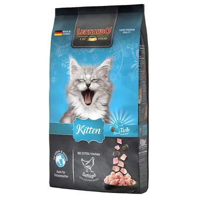 Leonardo Cat Food Kitten torrfoder, synlig text: 'Mit EXTRA frischem Geflügel', bild på kattunge och bitar av kött. Märkt 'Made in Germany'.