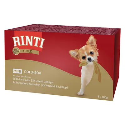 RINTI GOLD MINI GOLD-BOX, 8×100g. Text: 2× Huhn & Gans, 2× Ente & Geflügel, 2× Truthahn & Kaninchen, 2× Wachtel & Geflügel. Obraz psa na přední straně obalu.