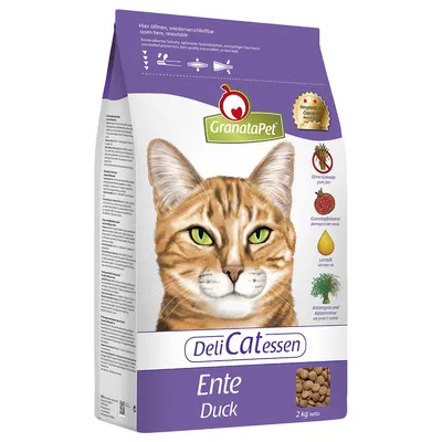 Pienso para gatos GranataPet DeliCatessen Ente Duck, 2 kg. Sin cereales, con semillas de granada, aceite de salmón y hierba gatera. Imagen de croquetas visibles en el envase.