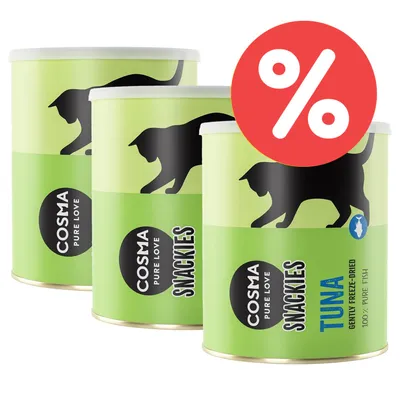 Cosma Snackies Tuna, gefriergetrocknet, 100% reiner Fisch. Grünes Verpackungsdesign mit schwarzer Katzen-Silhouette und rotem Prozentzeichen für Rabattaktion.