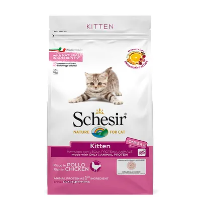 Schesir Kitten suché krmivo, bohaté na kuře, s přírodními ingrediencemi, bez konzervantů a barviv, Omega-3, snadno stravitelné, pouze živočišné bílkoviny.