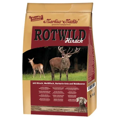Markus Mühle Rotwild hjort, koldpresset hundefoder med hjort, hvidfisk, barbarie-and og skovbær. Pakken viser kronhjort og ingrediensbeskrivelse. Indhold: 5 kg.