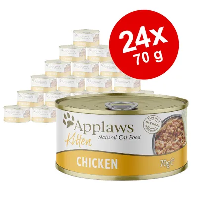 Applaws Kitten Natural Cat Food CHICKEN, 24×70 g konzerv. Text: Made with natural ingredients. Na obrázku více konzerv s etiketou Applaws Kitten Chicken.