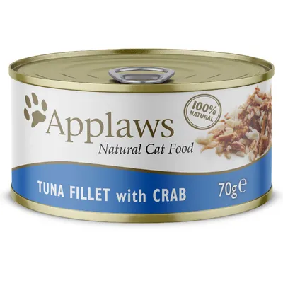Applaws Natural Cat Food, 100% natural, TUNA FILLET with CRAB, 70 g. Testo in inglese sull'etichetta.