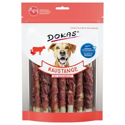 Verpakking DOKAS Kaustange mit Entenbrust, hersluitbaar. Tekst: chew stick with duck breast, SGS Institut Fresenius, mit Entenbrust. Sticks met vlees zichtbaar in de verpakking.