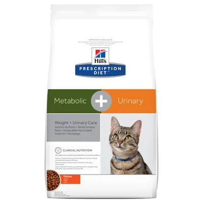 Hill's Prescription Diet Metabolic + Urinary, Gewicht- und Harnwegepflege, klinische Ernährung mit Huhn für Katzen. Verpackung zeigt Produktdetails und Bild einer Katze.