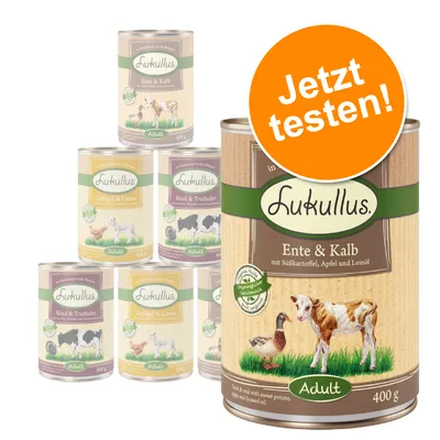 Lukullus Adult Nassfutterdosen: Ente & Kalb mit Süßkartoffel, Apfel und Leinöl, Geflügel & Lamm, Rind & Truthahn. Orange Kreis: Jetzt testen!
