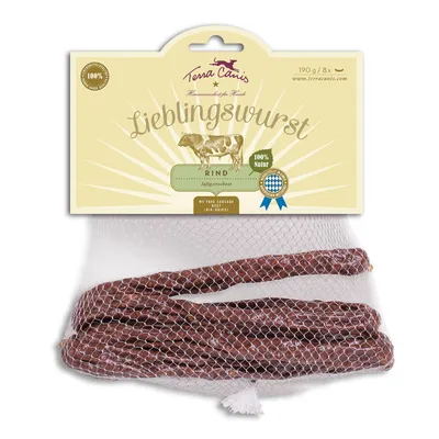 Terra Canis Lieblingswurst Rind, 100% Natur, luchtgedroogd, 190 g (8 stuks), verpakking met worstjes in net. Tekst: 'My fave sausage', www.terracanis.com.