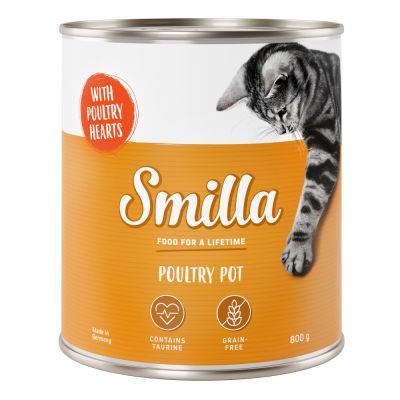 Smilla FOOD FOR A LIFETIME POULTRY POT, WITH POULTRY HEARTS, CONTAINS TAURINE, GRAIN-FREE, 800 g. Dåse med billede af kat. Made in Germany.