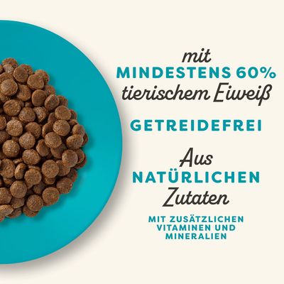 Mit mindestens 60% tierischem Eiweiss, getreidefrei, aus natürlichen Zutaten, mit zusätzlichen Vitaminen und Mineralien.