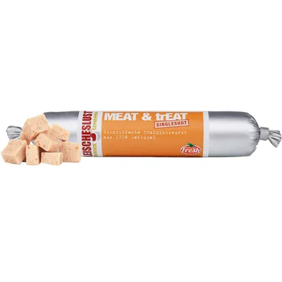 Fleischeslust Meat & Treat Singleshot, fast skærefast træningspølse af 100% fjerkræ, med Fresh-logo og tern af pølsen.