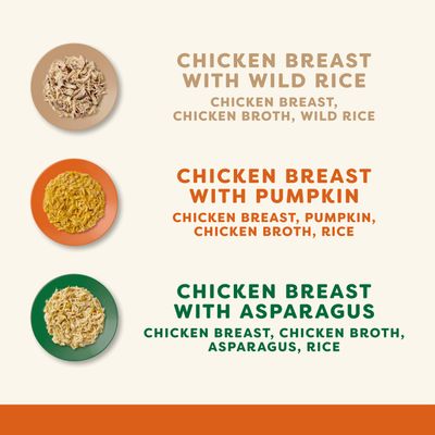 CHICKEN BREAST WITH WILD RICE: chicken breast, chicken broth, wild rice; CHICKEN BREAST WITH PUMPKIN: chicken breast, pumpkin, chicken broth, rice; CHICKEN BREAST WITH ASPARAGUS: chicken breast, chicken broth, asparagus, rice. Tekst w języku angielskim.