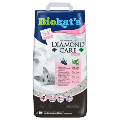 Biokat's Diamond Care Fresh kattsand, 10L. Med aktivkol och aloe vera för luktbindning. Klumpbildande sand, Made in Germany.