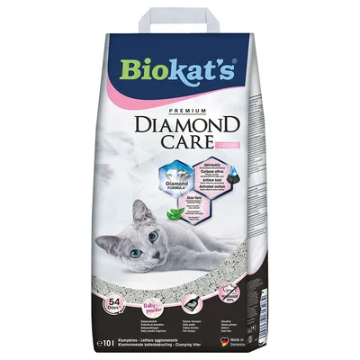 Biokat's Premium Diamond Care Fresh слепваща постеля с активен въглен, алое вера и аромат на бебешка пудра. Остава свежа до 54 дни. Made in Germany.