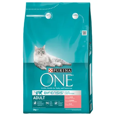 PURINA ONE BIFENSIS DUAL DEFENSE ADULT kattefoder, 3 kg pose, med billede af grå kat. Tekst: Rich in LACHS, Rijk aan ZALM, Visible Health for Today and Tomorrow.