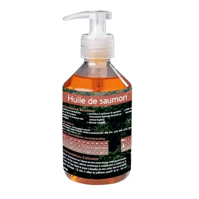 Flacon pompe d’huile de saumon avec étiquette : Huile de saumon, tableau des rations journalières recommandées, composition et conseils d’utilisation visibles sur l’étiquette.