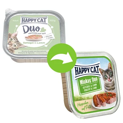 Happy Cat Duo ja Happy Cat Minkas Duo kissan märkäruokapakkaukset, makuna Geflügel & Lamm. Näkyvissä annoskuva ja kissan kuva molemmissa pakkauksissa. Happy Cat Duo ja Happy Cat Minkas Duo kissan märkäruokapakkaukset, makuna Geflügel & Lamm. Näkyvissä annoskuva ja kissan kuva molemmissa pakkauksissa.