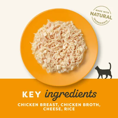 Główne składniki: chicken breast, chicken broth, cheese, rice. Made with natural ingredients. Na zdjęciu danie na żółtym talerzu, sylwetka kota.