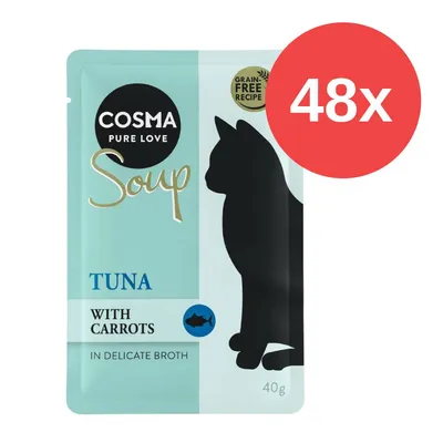 Cosma Soup con atún y zanahorias en caldo suave, receta sin cereales, paquete de 40g, 48 unidades. Cosma Soup con atún y zanahorias en caldo suave, receta sin cereales, paquete de 40g, 48 unidades.