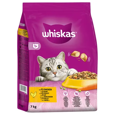 Whiskas kuivaruoka kissoille yli 1-vuotiaille, kanan kanssa, 7 kg. Ei keinotekoisia väri- tai aromiaineita, 100 % tasapainoinen ravinto.