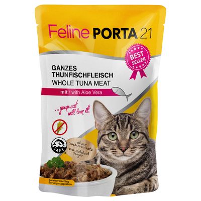 Feline Porta 21 egész tonhalhús aloe verával, hozzáadott cukor nélkül, bestseller, tálalási javaslat: tálban és macskával ábrázolva.
