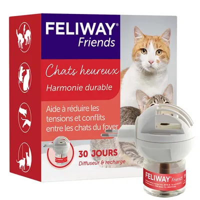 FELIWAY Friends, Chats heureux Harmonie durable, aide à réduire les tensions et conflits entre les chats du foyer, 30 jours diffuseur & recharge, emballage avec diffuseur visible.