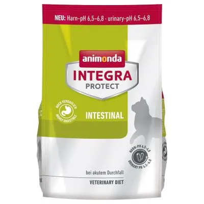 Confezione Animonda Integra Protect Intestinal per gatti, testo visibile: Harn-pH 6,5–6,8, urinary-pH 6,5–6,8, bei akutem Durchfall, Veterinary Diet, alta digeribilità.