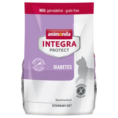 animonda Integra Protect Diabetes kattenvoer, getreidefrei/grain free, stabieler bloedsuiker/steady glucose, reductiekost, veterinary diet. Paarse en witte verpakking met kat silhouet.