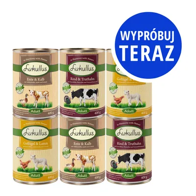 6 puszek Lukullus Adult 400 g: Ente & Kalb, Rind & Truthahn, Geflügel & Lamm. Niebieskie koło z napisem: WYPRÓBUJ TERAZ.