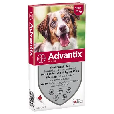Advantix® 250/1250 Spot-On Solution voor Honden 10 - 25 kg - Dubbelpak: 2 x 6 Pipetten - NL